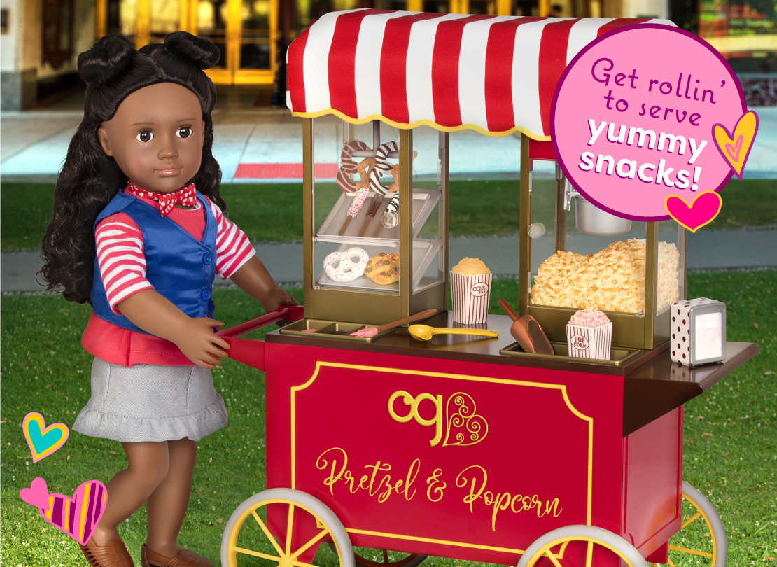 Our Generation Retro Pretzel & Popcorn Play Food Stand for 18 Dolls -  Poppin' Plenty Snack Cart